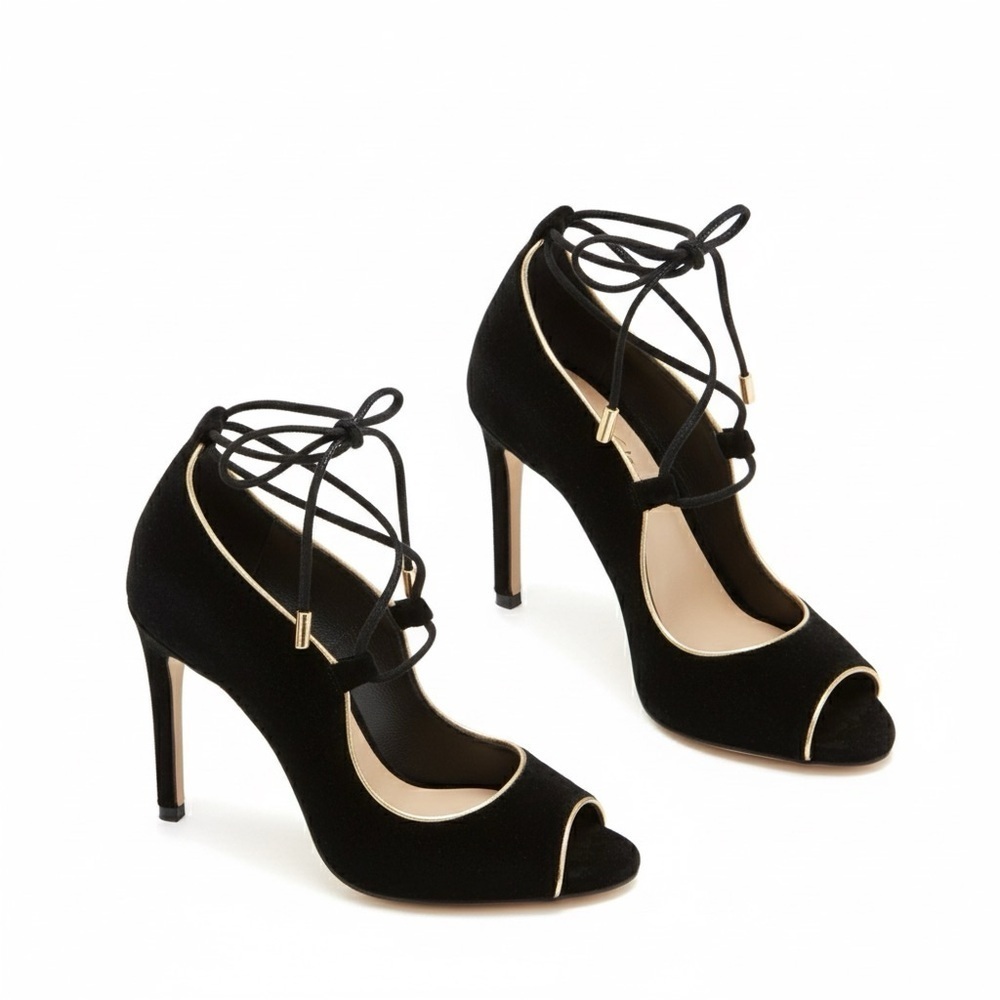 Lord & Taylor Lace Up Peep Toe Heels Sz 8 EU 38 Black Velvet Gold Stiletto